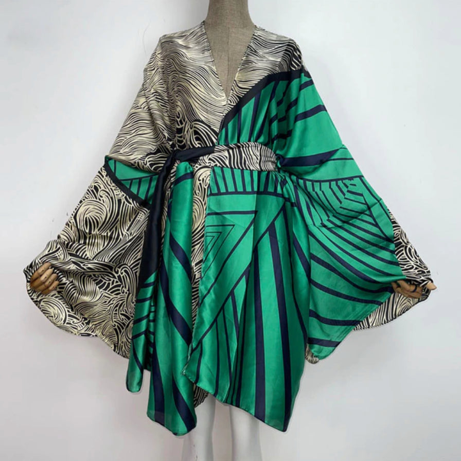 Green Striped Sexy Kimono Kaftan Wear