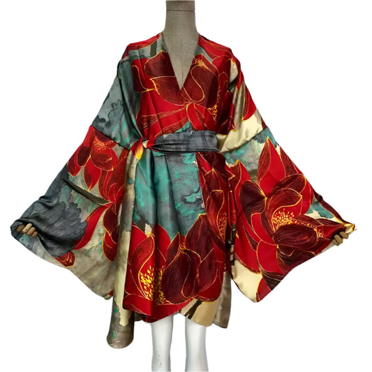 Red Floral Sexy Kimono Kaftan Wear