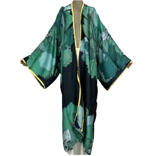 Pine Floral Gold-Trim Sexy Kimono Wear - Restocked