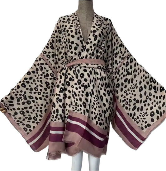 Nude Leopard Print/Purple Accents Sexy Kimono Kaftan Wear - RESTOCKED!