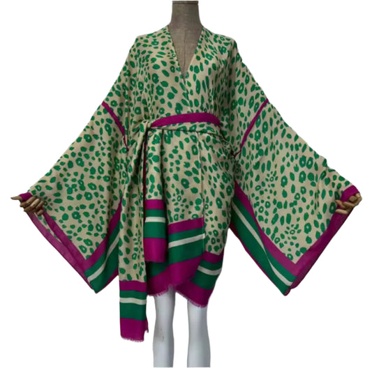 Green Leopard Print/Fuschsia Accents Sexy Kimono Kaftan Wear - RESTOCKED!