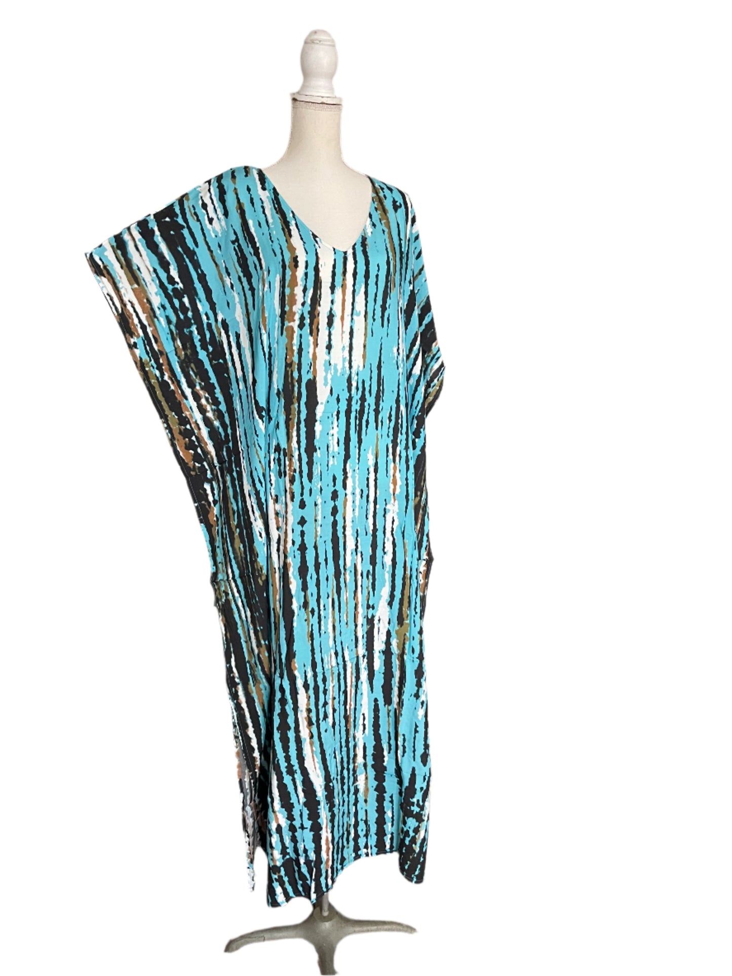 Aqua & Brown/White Waterfall Tie Dye Muumuu/Kaftan