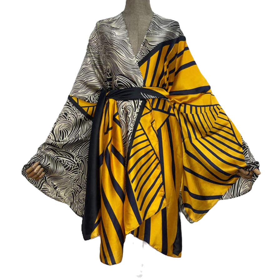 Yellow Striped Sexy Kimono Kaftan Wear